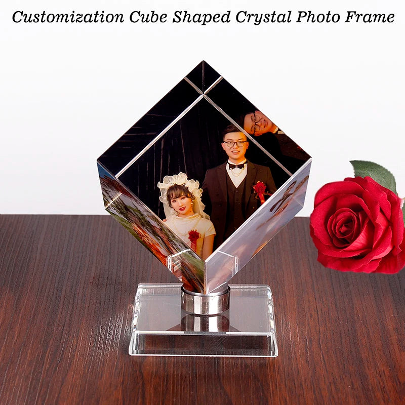 Custom Crystal Photo Frame DIY Cube Shape Rotating Crystal Photo Frame Birthday Gifts Wedding Travel Souvenir Home Decoration