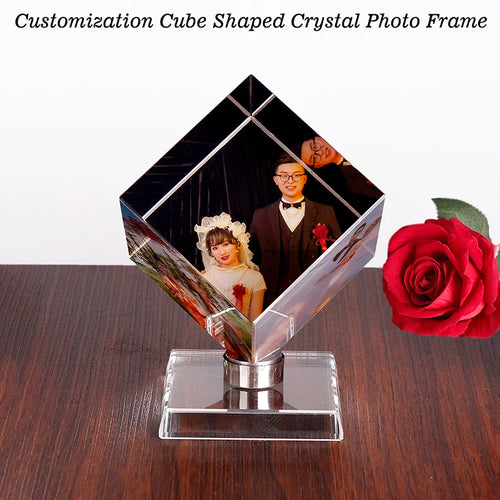 Custom Crystal Photo Frame DIY Cube Shape Rotating Crystal Photo Frame Birthday Gifts Wedding Travel Souvenir Home Decoration