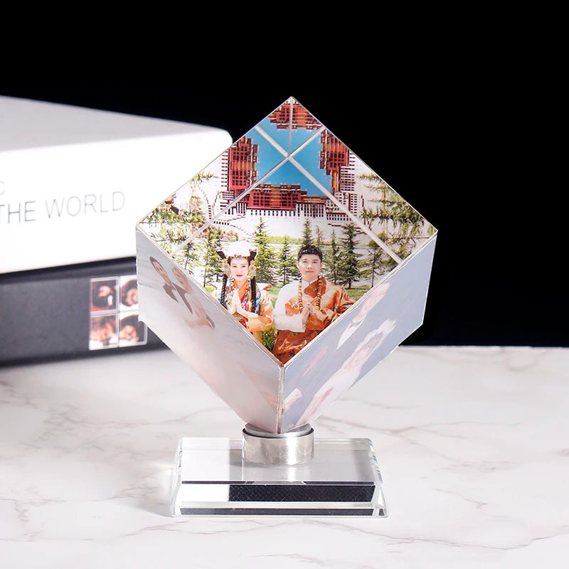 Custom Crystal Photo Frame DIY Cube Shape Rotating Crystal Photo Frame Birthday Gifts Wedding Travel Souvenir Home Decoration